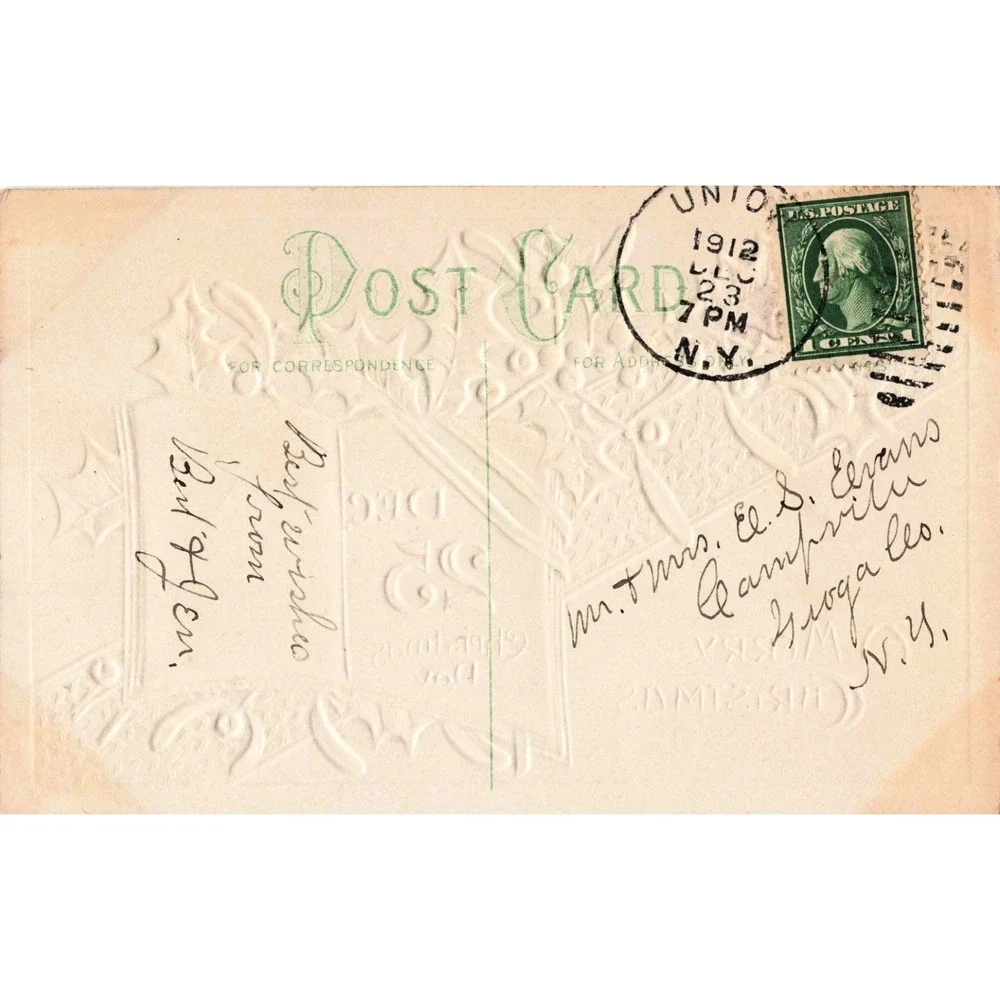 Vintage 1912 Embossed Christmas Postcard Holly Mistletoe Union NY Postmark B.102